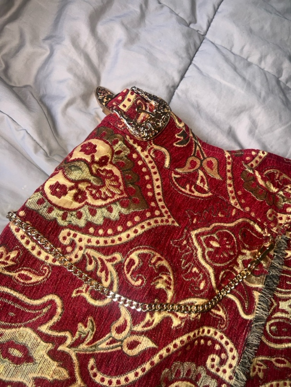Red and gold fabric material Lace-Up Crop Top with Gold Chain Detail AND skirt - Picture 10 of 12